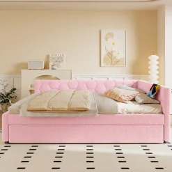 Lit gigogne 140x200 cm avec tiroir, lampe intégrée et ports USB Type-C - 2 couchages gain de place - imitation laine rose><noscript><img width=
