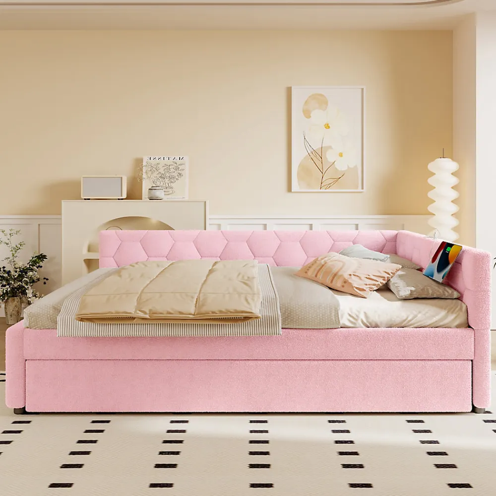Lit gigogne 140x200 cm avec tiroir, lampe intégrée et ports USB Type-C - 2 couchages gain de place - imitation laine rose>Okwish Discount