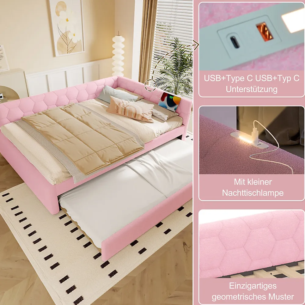 Lit gigogne 140x200 cm avec tiroir, lampe intégrée et ports USB Type-C - 2 couchages gain de place - imitation laine rose>Okwish Discount