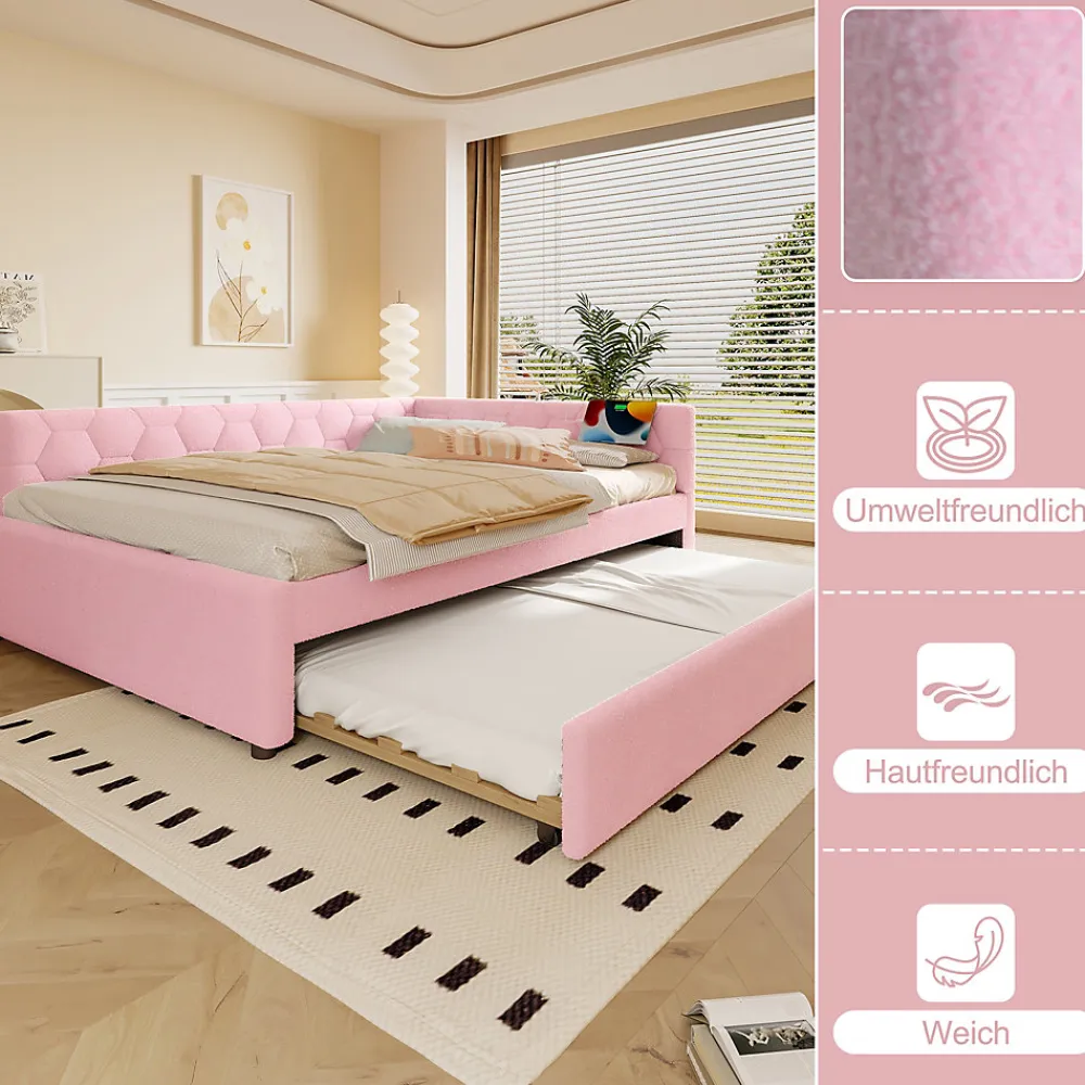 Lit gigogne 140x200 cm avec tiroir, lampe intégrée et ports USB Type-C - 2 couchages gain de place - imitation laine rose>Okwish Discount