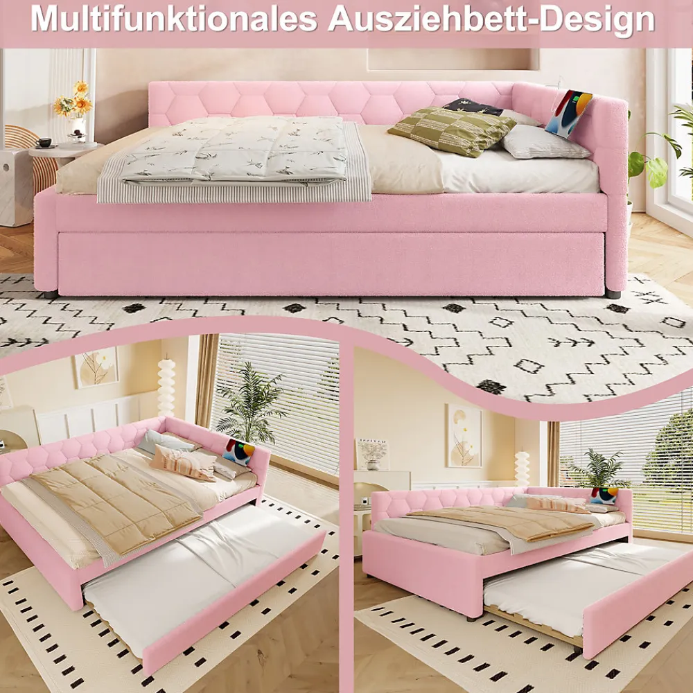 Lit gigogne 140x200 cm avec tiroir, lampe intégrée et ports USB Type-C - 2 couchages gain de place - imitation laine rose>Okwish Discount