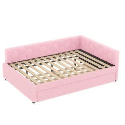 Lit gigogne 140x200 cm avec tiroir, lampe intégrée et ports USB Type-C - 2 couchages gain de place - imitation laine rose><noscript><img width=