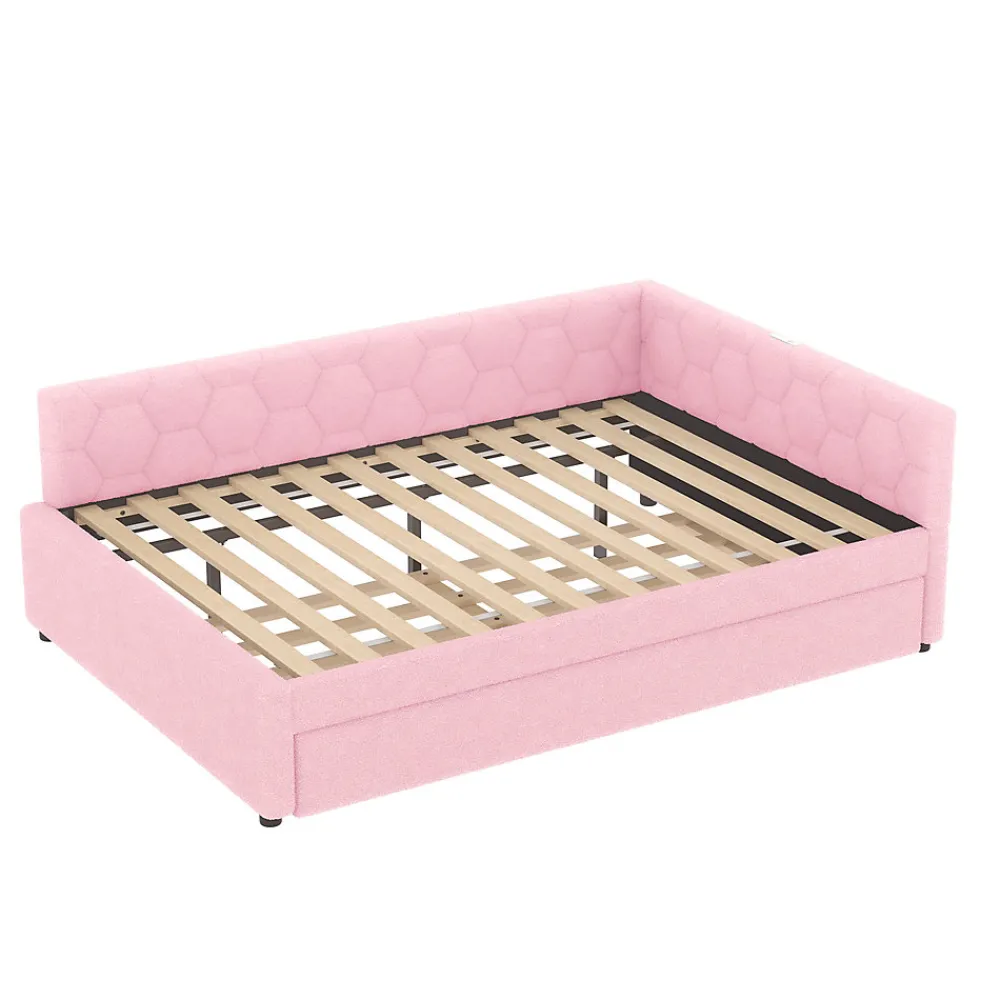 Lit gigogne 140x200 cm avec tiroir, lampe intégrée et ports USB Type-C - 2 couchages gain de place - imitation laine rose>Okwish Discount