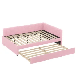 Lit gigogne 140x200 cm avec tiroir, lampe intégrée et ports USB Type-C - 2 couchages gain de place - imitation laine rose><noscript><img width=