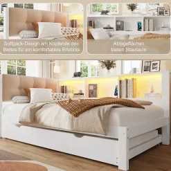 Okwish Lit gigogne 90x200 cm avec tiroir, étagère, bande LED et port USB - 2 couchages gain de place - pin et MDF blanc - sans matelas* Lit Gigogne