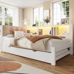 Okwish Lit gigogne 90x200 cm avec tiroir, étagère, bande LED et port USB - 2 couchages gain de place - pin et MDF blanc - sans matelas* Lit Gigogne