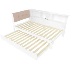 Okwish Lit gigogne 90x200 cm avec tiroir, étagère, bande LED et port USB - 2 couchages gain de place - pin et MDF blanc - sans matelas* Lit Gigogne
