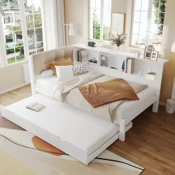 Okwish Lit gigogne 90x200 cm avec tiroir, étagère, bande LED et port USB - 2 couchages gain de place - pin et MDF blanc - sans matelas* Lit Gigogne