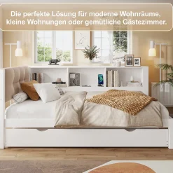 Okwish Lit gigogne 90x200 cm avec tiroir, étagère, bande LED et port USB - 2 couchages gain de place - pin et MDF blanc - sans matelas* Lit Gigogne