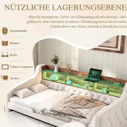 Okwish Lit Gigogne 90x190 cm Beige avec Rangement Intégré, Éclairage LED et Port USB, Tissu Velours* Lit Gigogne
