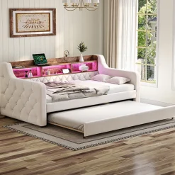 Okwish Lit Gigogne 90x190 cm Beige avec Rangement Intégré, Éclairage LED et Port USB, Tissu Velours* Lit Gigogne