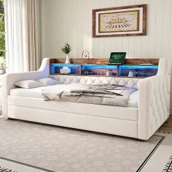 Okwish Lit Gigogne 90x190 cm Beige avec Rangement Intégré, Éclairage LED et Port USB, Tissu Velours* Lit Gigogne