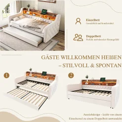 Okwish Lit Gigogne 90x190 cm Beige avec Rangement Intégré, Éclairage LED et Port USB, Tissu Velours* Lit Gigogne