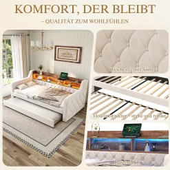 Okwish Lit Gigogne 90x190 cm Beige avec Rangement Intégré, Éclairage LED et Port USB, Tissu Velours* Lit Gigogne