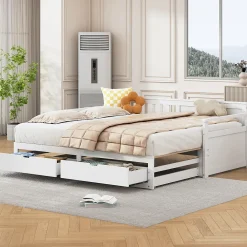 Lit Gigogne 90/180x190 cm Bois Blanc avec Tiroirs et Lit Sur Roulettes, Multifonction pour Chambre enfant, Blanc>Okwish Clearance