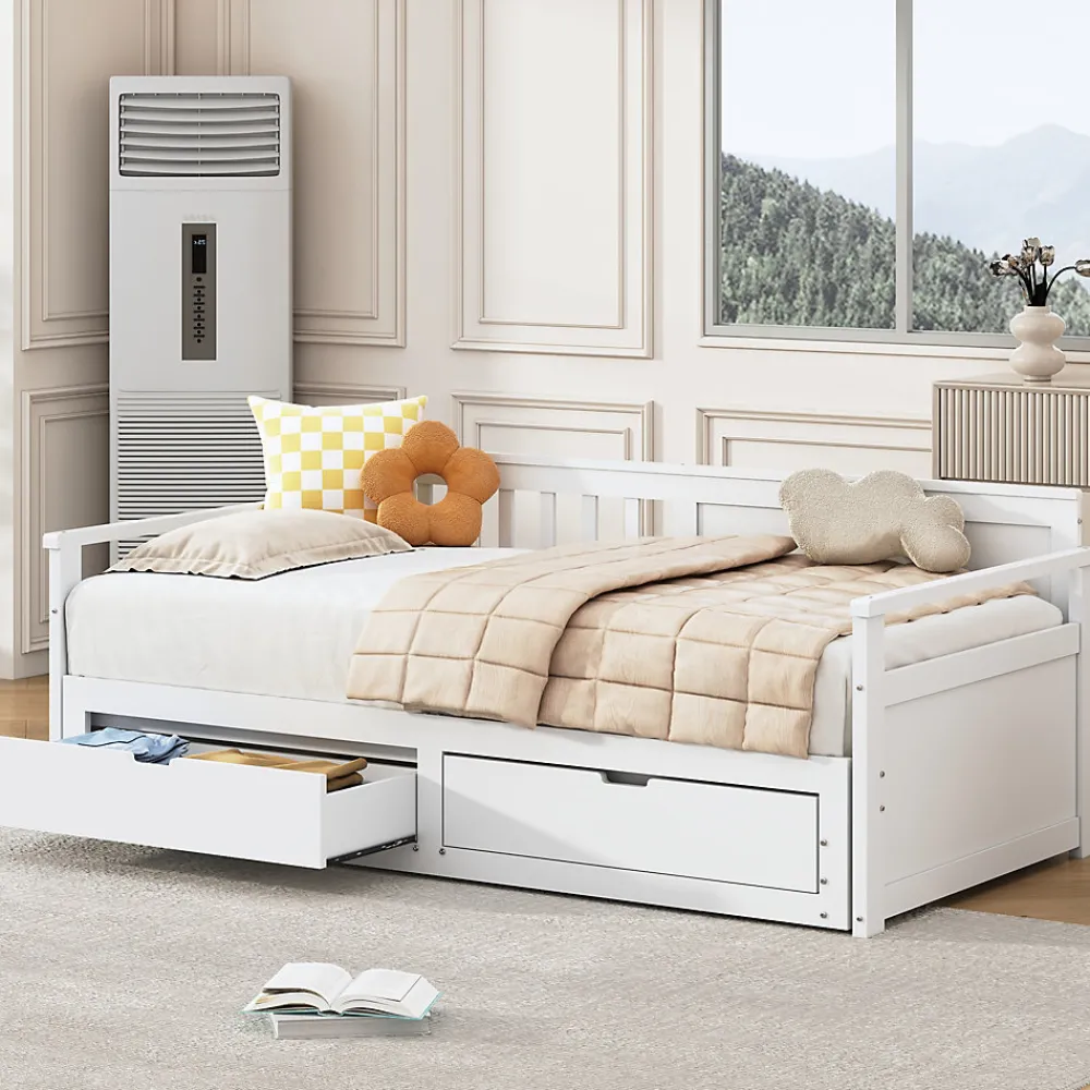 Lit Gigogne 90/180x190 cm Bois Blanc avec Tiroirs et Lit Sur Roulettes, Multifonction pour Chambre enfant, Blanc>Okwish Clearance
