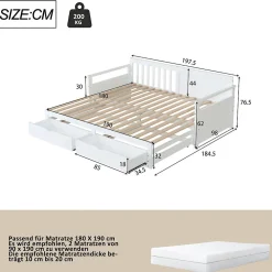 Lit Gigogne 90/180x190 cm Bois Blanc avec Tiroirs et Lit Sur Roulettes, Multifonction pour Chambre enfant, Blanc><noscript><img width=