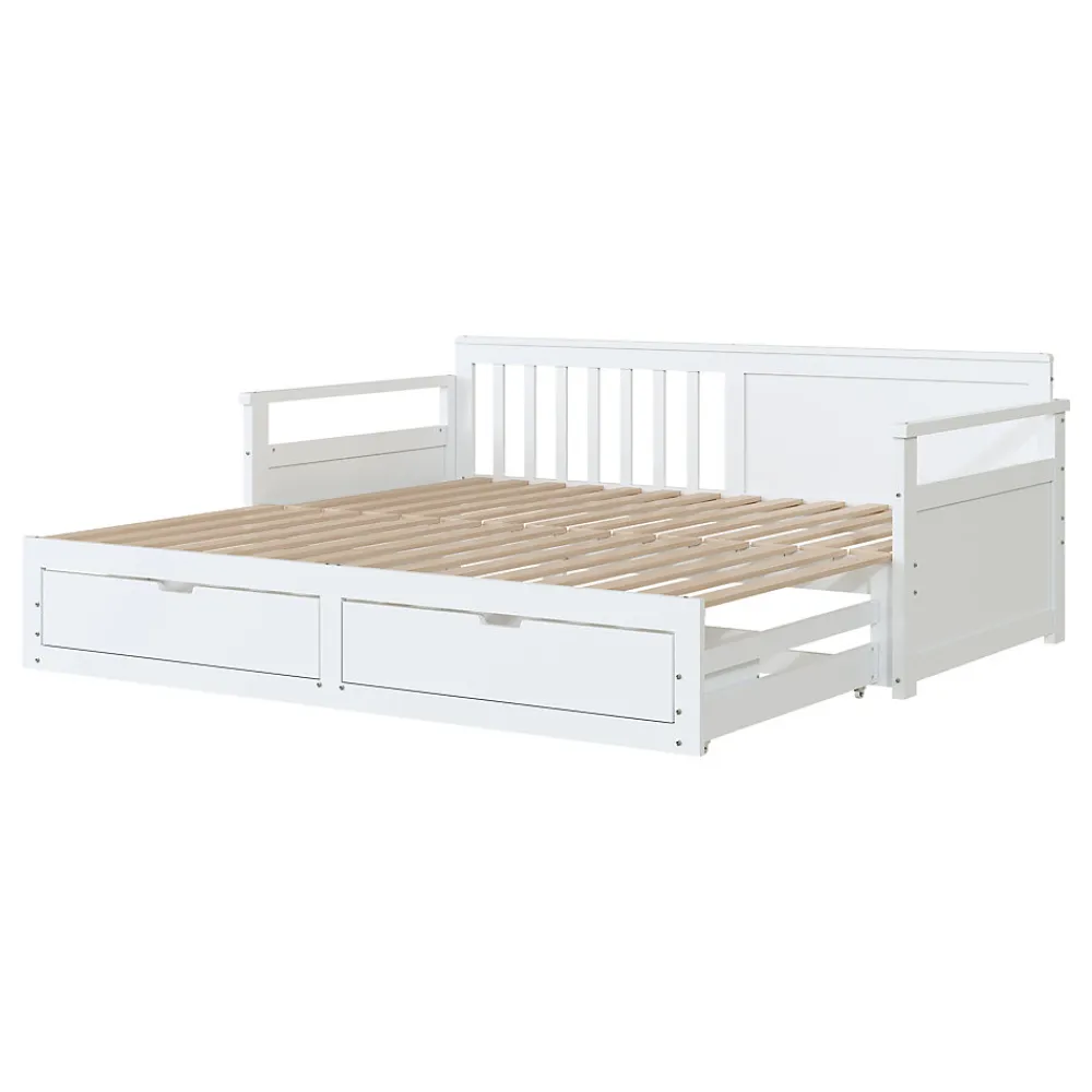 Lit Gigogne 90/180x190 cm Bois Blanc avec Tiroirs et Lit Sur Roulettes, Multifonction pour Chambre enfant, Blanc>Okwish Clearance