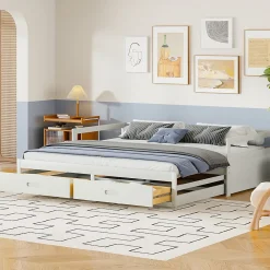Okwish Lit Gigogne 90/180x190 cm Bois Blanc avec Tiroirs et Sommier À Lattes, Multifonction pour Chambre enfant, Blanc* Lit Gigogne