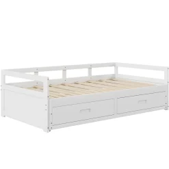 Okwish Lit Gigogne 90/180x190 cm Bois Blanc avec Tiroirs et Sommier À Lattes, Multifonction pour Chambre enfant, Blanc* Lit Gigogne