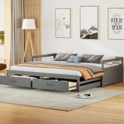 Lit Gigogne 90/180x190 cm Bois Gris avec Tiroirs et Sommier À Lattes, Multifonction pour Chambre enfant, Gris>Okwish Outlet