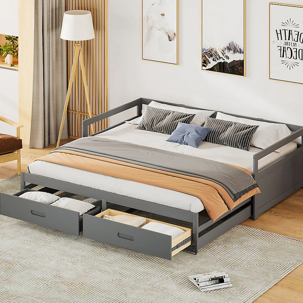 Lit Gigogne 90/180x190 cm Bois Gris avec Tiroirs et Sommier À Lattes, Multifonction pour Chambre enfant, Gris>Okwish Outlet