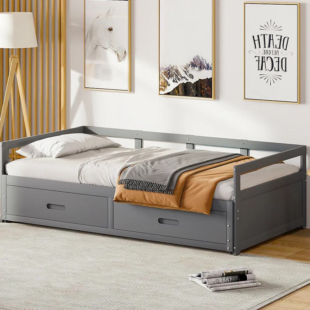 Lit Gigogne 90/180x190 cm Bois Gris avec Tiroirs et Sommier À Lattes, Multifonction pour Chambre enfant, Gris>Okwish Outlet