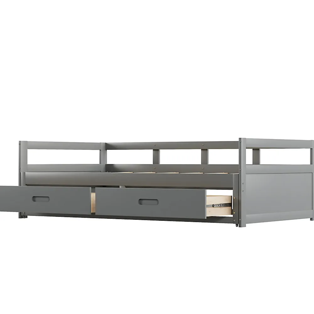 Lit Gigogne 90/180x190 cm Bois Gris avec Tiroirs et Sommier À Lattes, Multifonction pour Chambre enfant, Gris>Okwish Outlet