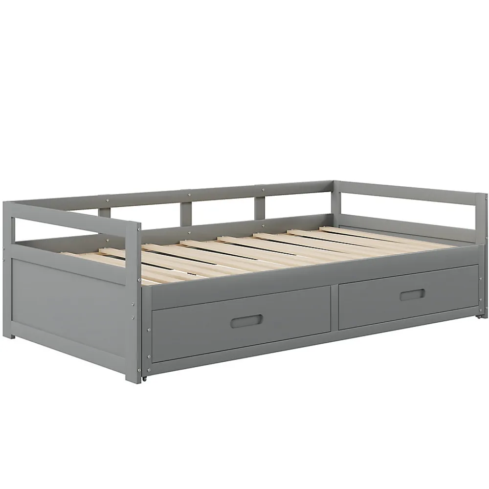 Lit Gigogne 90/180x190 cm Bois Gris avec Tiroirs et Sommier À Lattes, Multifonction pour Chambre enfant, Gris>Okwish Outlet