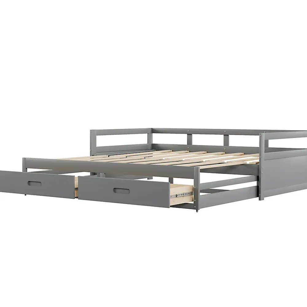 Lit Gigogne 90/180x190 cm Bois Gris avec Tiroirs et Sommier À Lattes, Multifonction pour Chambre enfant, Gris>Okwish Outlet