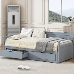 Okwish Lit Gigogne 90/180x190 cm Bois Gris avec Tiroirs et Lit Sur Roulettes, Multifonction pour Chambre enfant, Gris* Lit Gigogne