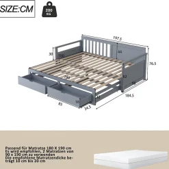 Okwish Lit Gigogne 90/180x190 cm Bois Gris avec Tiroirs et Lit Sur Roulettes, Multifonction pour Chambre enfant, Gris* Lit Gigogne