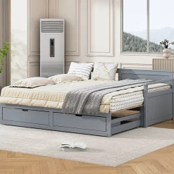 Okwish Lit Gigogne 90/180x190 cm Bois Gris avec Tiroirs et Lit Sur Roulettes, Multifonction pour Chambre enfant, Gris* Lit Gigogne