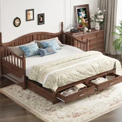 Okwish Lit Gigogne 90/180x190 cm Bois Massif avec Tiroir et Sommier À Lattes, Multifonction pour Chambre enfant Ou Ado, Noyer* Lit Gigogne