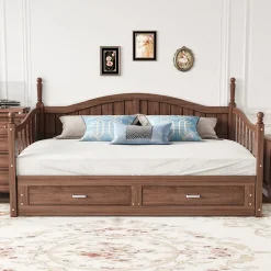 Okwish Lit Gigogne 90/180x190 cm Bois Massif avec Tiroir et Sommier À Lattes, Multifonction pour Chambre enfant Ou Ado, Noyer* Lit Gigogne