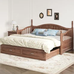 Okwish Lit Gigogne 90/180x190 cm Bois Massif avec Tiroir et Sommier À Lattes, Multifonction pour Chambre enfant Ou Ado, Noyer* Lit Gigogne