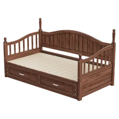 Okwish Lit Gigogne 90/180x190 cm Bois Massif avec Tiroir et Sommier À Lattes, Multifonction pour Chambre enfant Ou Ado, Noyer* Lit Gigogne