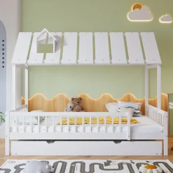 Okwish Lit Gigogne 120x200 cm Cabane enfant avec Tiroirs Rangement, Toit Cheminée, Protection Anti-Chute, Bois, Blanc, Sans Matelas* Lit Gigogne