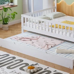 Okwish Lit Gigogne 120x200 cm Cabane enfant avec Tiroirs Rangement, Toit Cheminée, Protection Anti-Chute, Bois, Blanc, Sans Matelas* Lit Gigogne