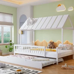 Okwish Lit Gigogne 120x200 cm Cabane enfant avec Tiroirs Rangement, Toit Cheminée, Protection Anti-Chute, Bois, Blanc, Sans Matelas* Lit Gigogne