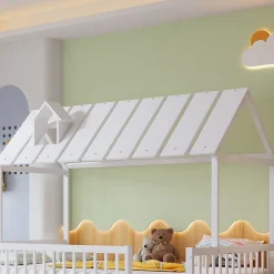 Okwish Lit Gigogne 120x200 cm Cabane enfant avec Tiroirs Rangement, Toit Cheminée, Protection Anti-Chute, Bois, Blanc, Sans Matelas* Lit Gigogne
