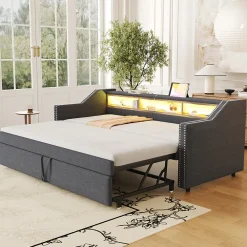 Lit Gigogne 90/180x190 cm capitonné - avec Led, Usb et Rangement, Sans Matelas, en Tissu Gris Foncé>Okwish Outlet