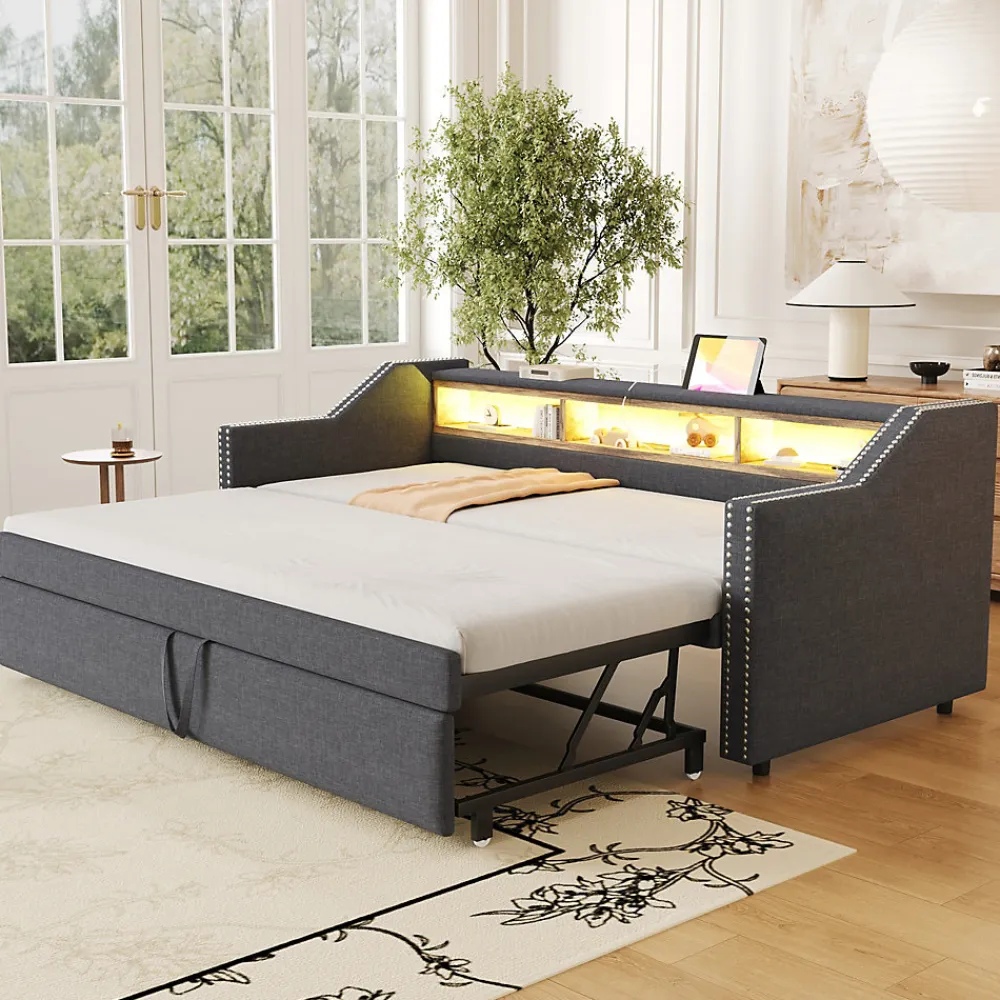Lit Gigogne 90/180x190 cm capitonné - avec Led, Usb et Rangement, Sans Matelas, en Tissu Gris Foncé>Okwish Outlet