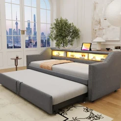 Lit Gigogne 90/180x190 cm capitonné - avec Led, Usb et Rangement, Sans Matelas, en Tissu Gris Foncé>Okwish Outlet