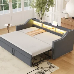 Lit Gigogne 90/180x190 cm capitonné - avec Led, Usb et Rangement, Sans Matelas, en Tissu Gris Foncé><noscript><img width=