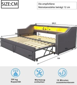 Lit Gigogne 90/180x190 cm capitonné - avec Led, Usb et Rangement, Sans Matelas, en Tissu Gris Foncé><noscript><img width=