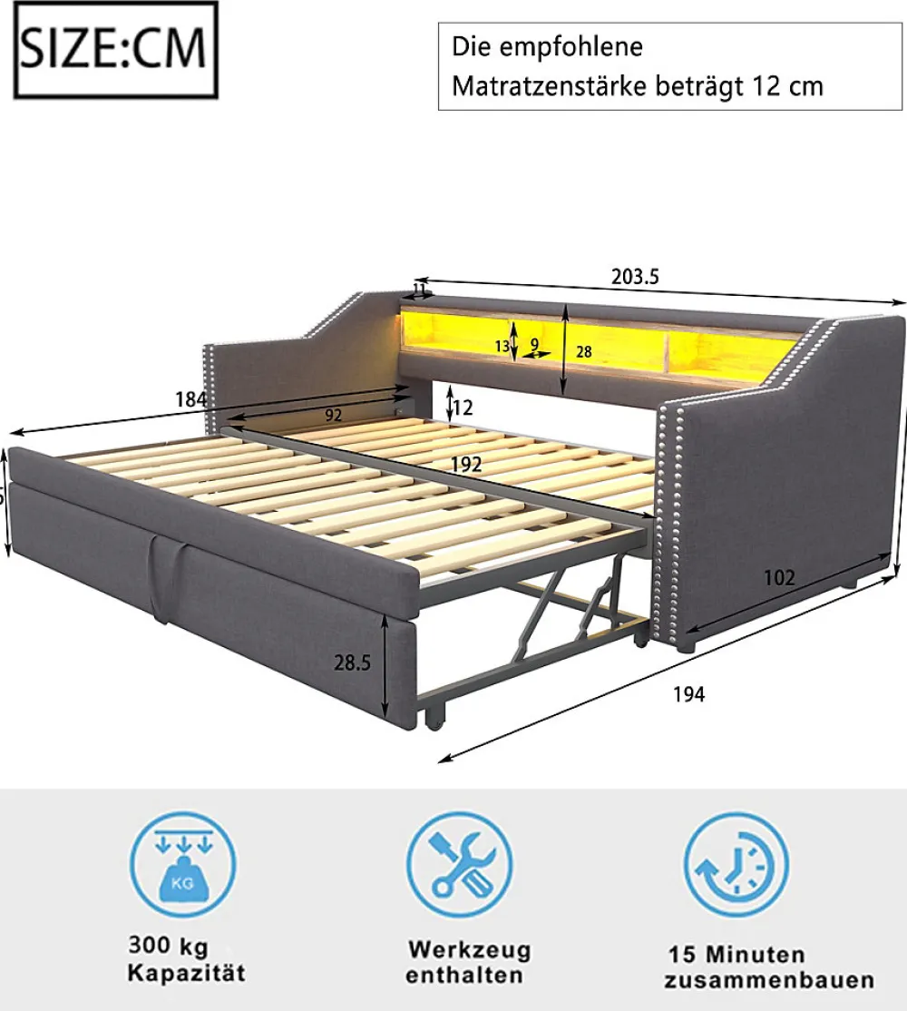 Lit Gigogne 90/180x190 cm capitonné - avec Led, Usb et Rangement, Sans Matelas, en Tissu Gris Foncé>Okwish Outlet