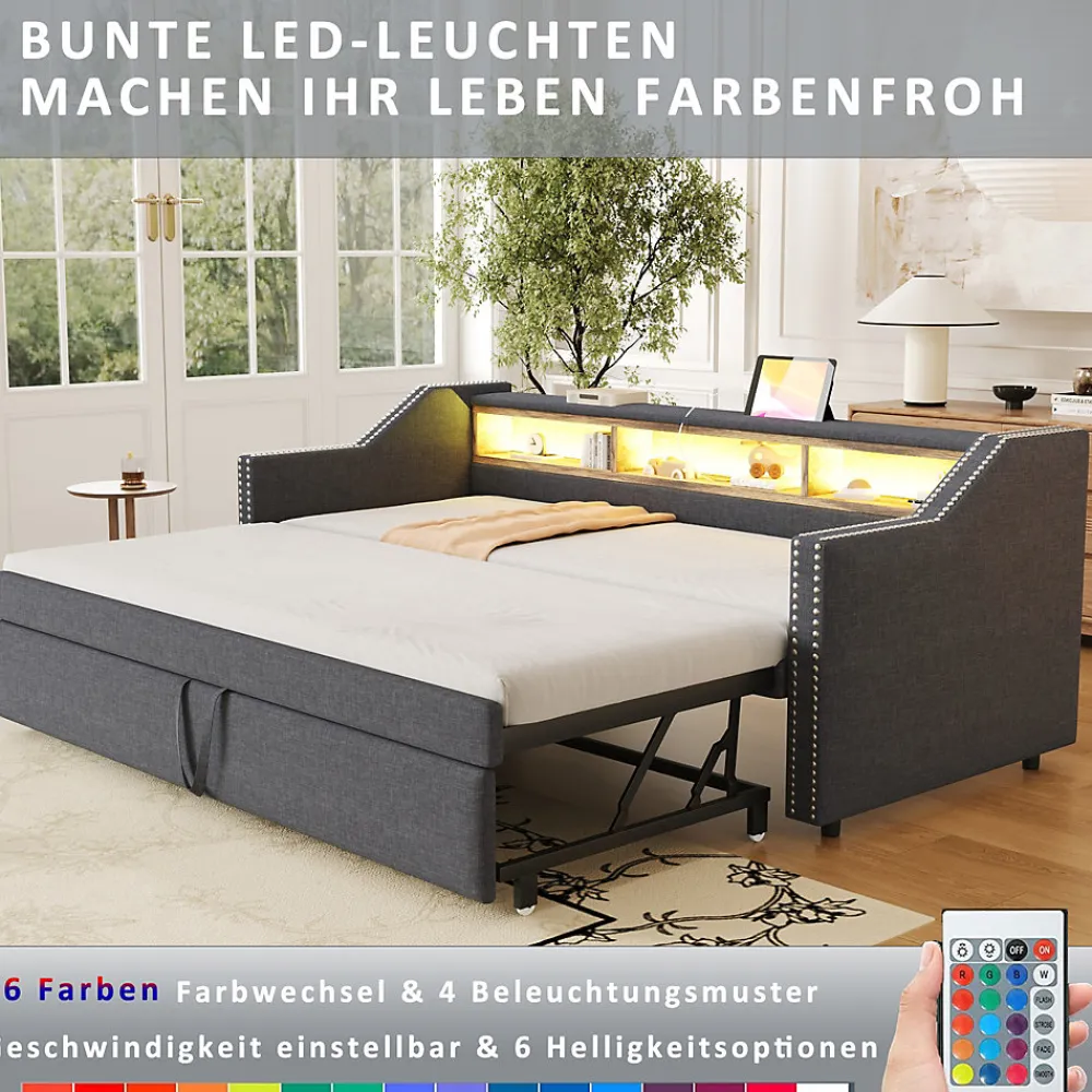 Lit Gigogne 90/180x190 cm capitonné - avec Led, Usb et Rangement, Sans Matelas, en Tissu Gris Foncé>Okwish Outlet