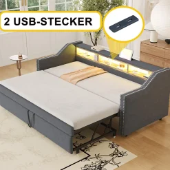 Lit Gigogne 90/180x190 cm capitonné - avec Led, Usb et Rangement, Sans Matelas, en Tissu Gris Foncé><noscript><img width=
