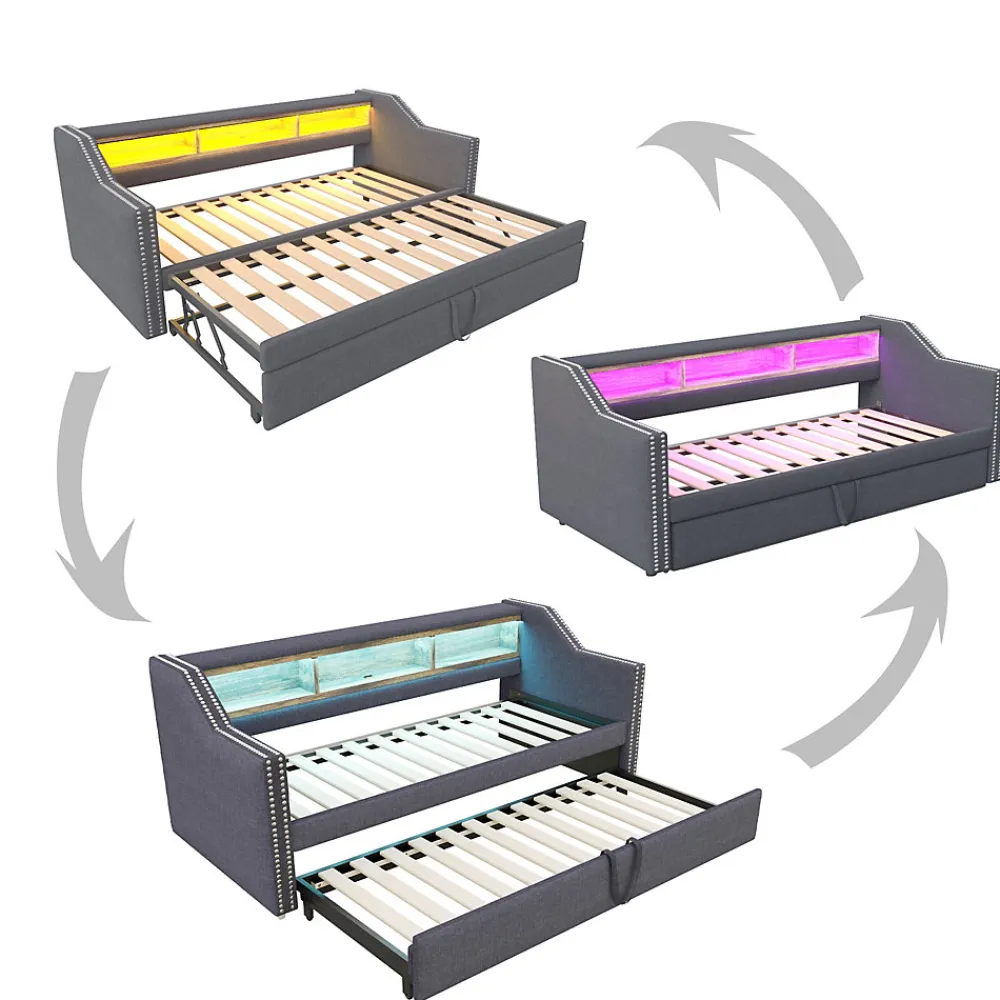 Lit Gigogne 90/180x190 cm capitonné - avec Led, Usb et Rangement, Sans Matelas, en Tissu Gris Foncé>Okwish Outlet